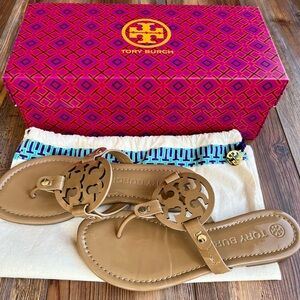 Tory Burch Miller Sandal, Patent Leather, Sand, 6.5 - With Box and Storage Bag